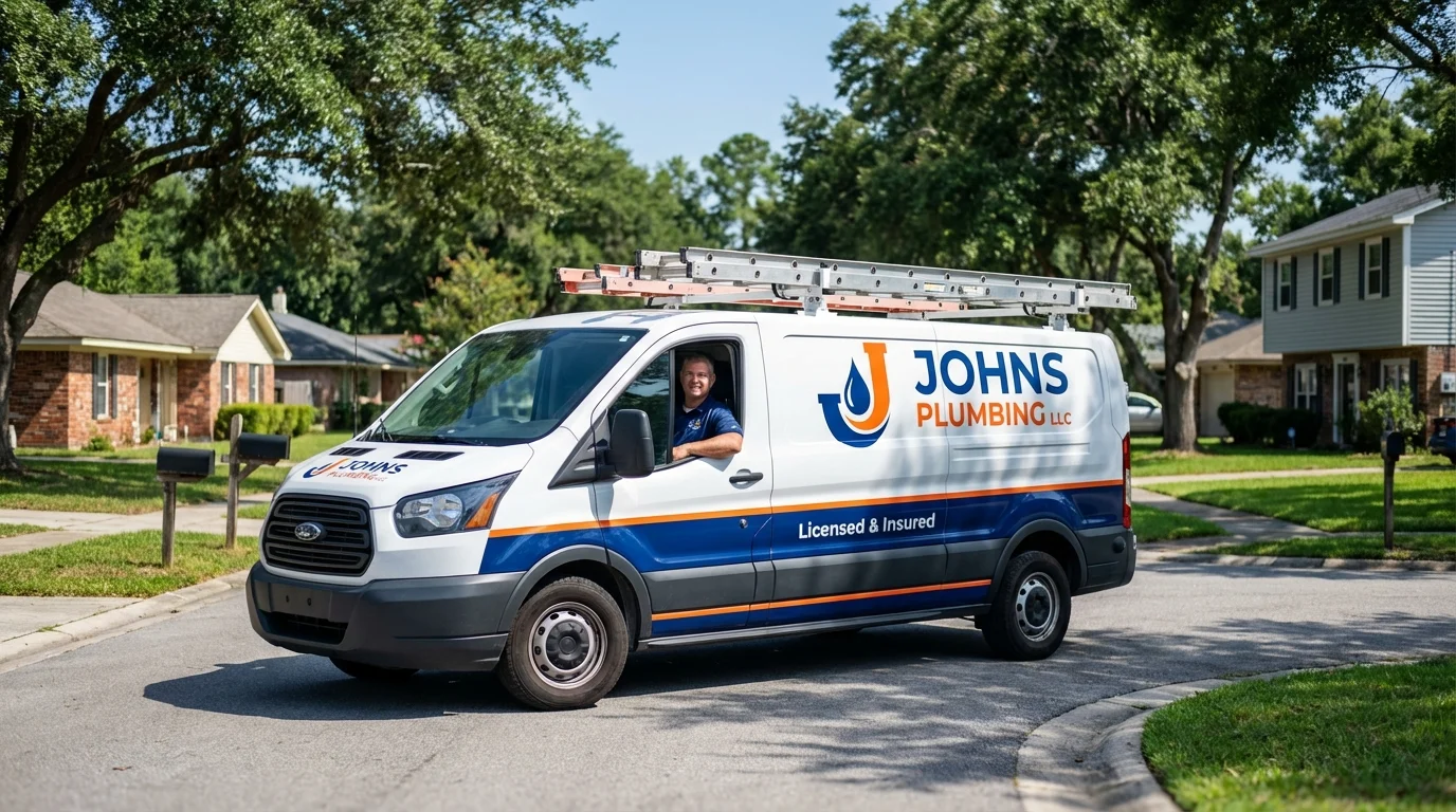 Johns Plumbing LLC service van in Huntsville, AR