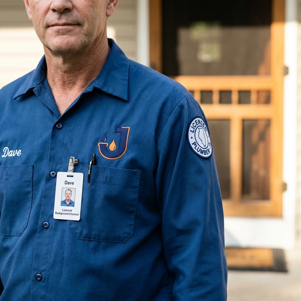 Licensed plumber showing ID badge in Huntsville, AR