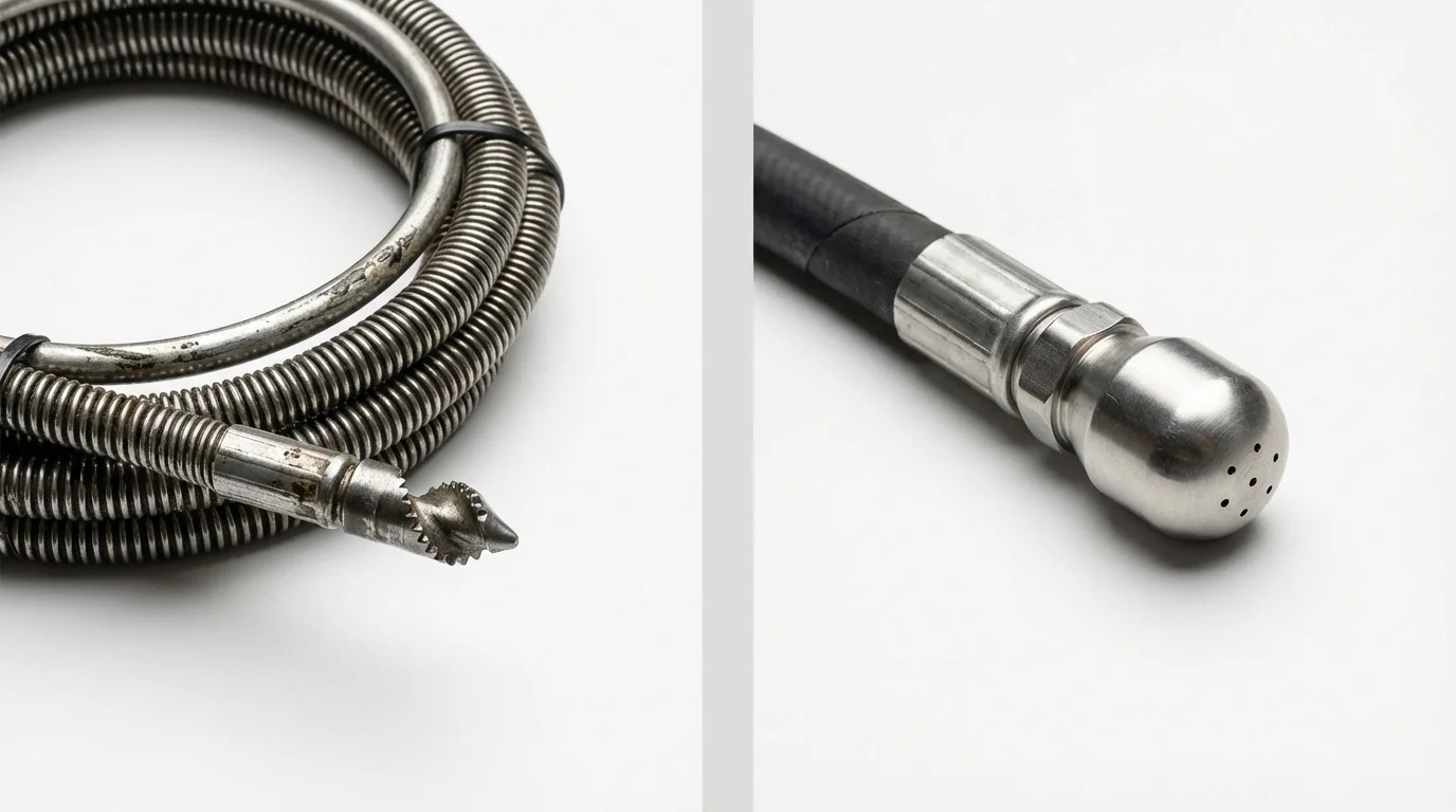 Drain snake cable and hydro jetting nozzle used for drain cleaning in Huntsville, AR