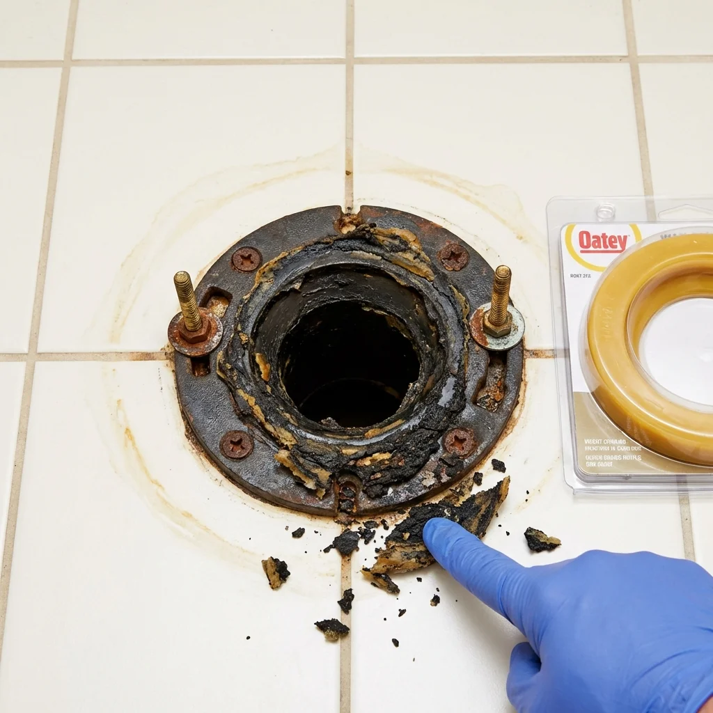 Failed wax ring showing water seepage at the base of a toilet in a Huntsville, AR home