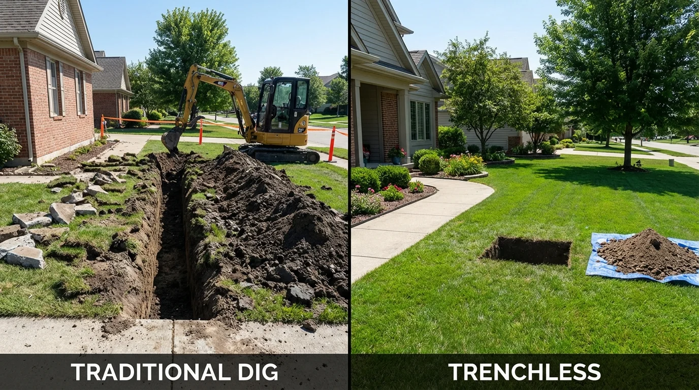 Trenchless sewer repair with minimal yard damage versus traditional excavation in Huntsville, AR