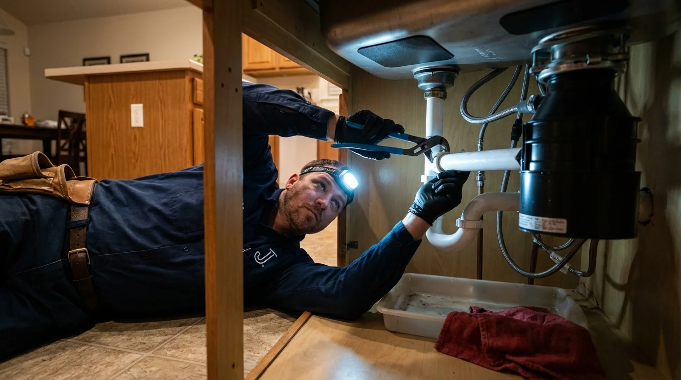 P-trap and supply line connections under a kitchen sink showing a common leak point in Huntsville, AR